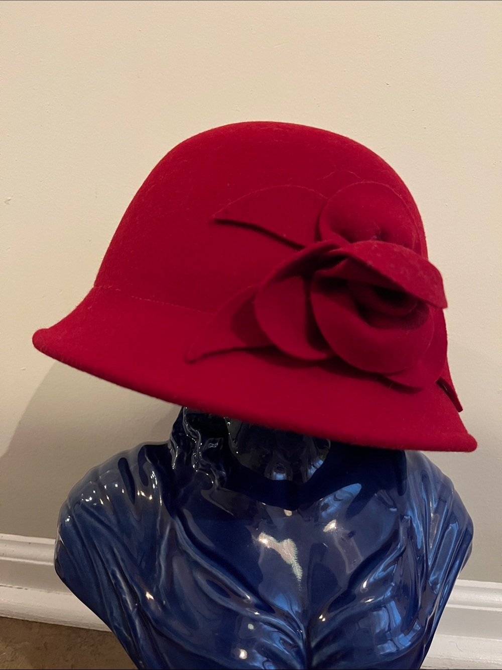 100% Wool Red Felt Cloche Hat with Floral Accent